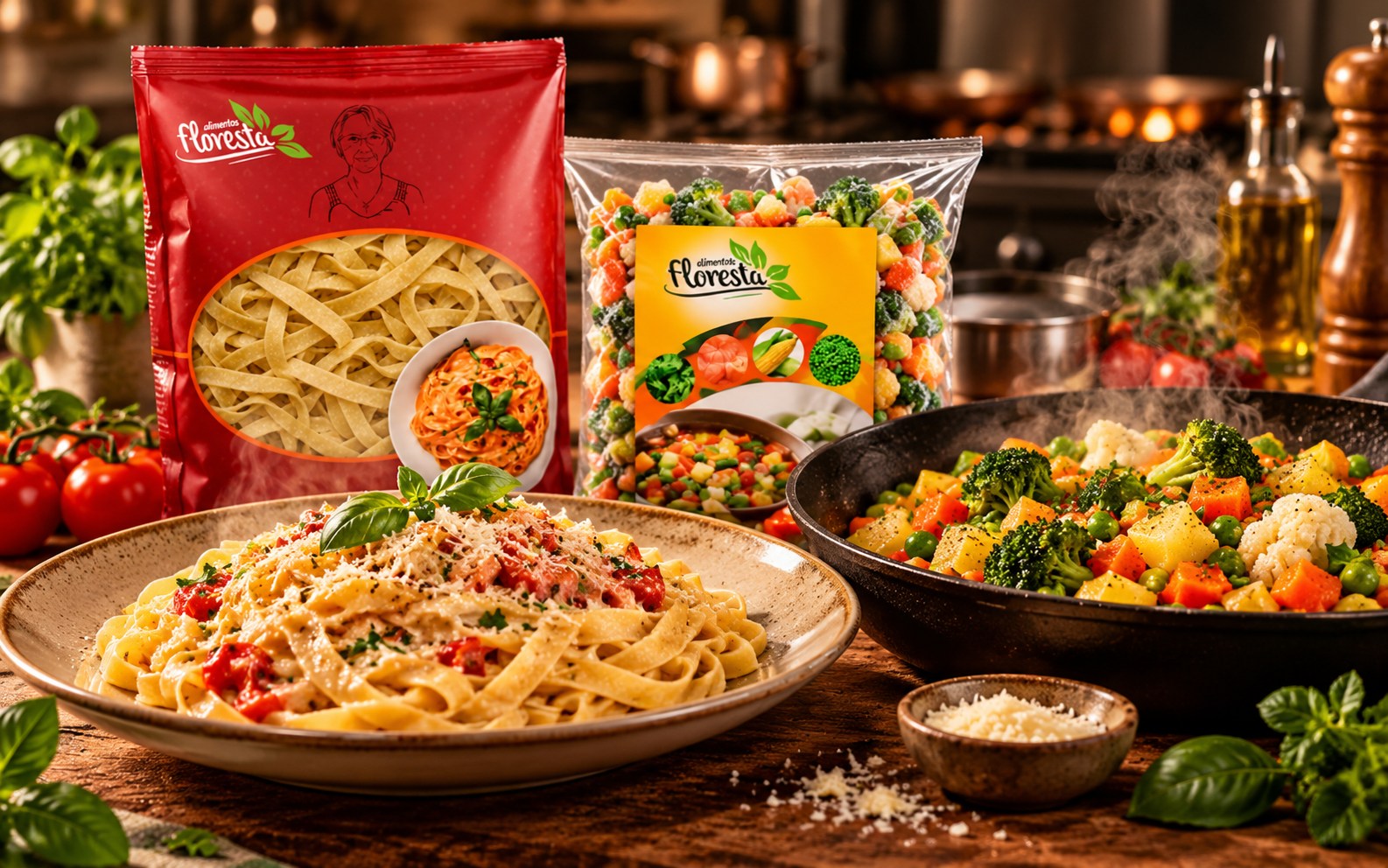 Produtos da linha Food com massas e legumes preparados